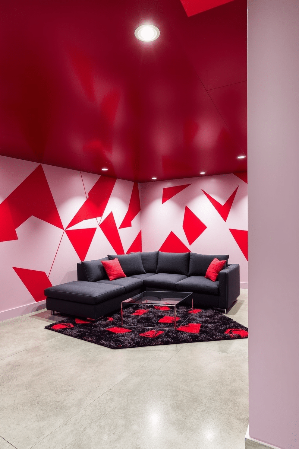 A striking basement design featuring bold red geometric patterns on the walls, creating a dynamic and energetic atmosphere. The floor is adorned with a sleek, polished concrete finish, complementing the vibrant color scheme. In one corner, a modern sectional sofa in a deep charcoal color contrasts beautifully with the red accents. A glass coffee table sits atop a plush area rug, which incorporates hints of red and black to tie the space together.