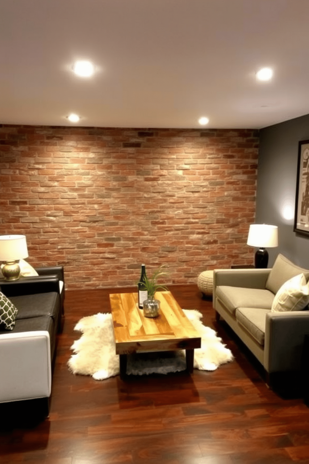 A stylish basement featuring an accent wall made of red bricks, creating a warm and inviting atmosphere. The space is designed with cozy seating arrangements, complemented by soft lighting that highlights the textured wall. Incorporate modern furnishings with a blend of rustic elements, such as a reclaimed wood coffee table and plush area rugs. The flooring is a rich dark wood, enhancing the overall warmth of the red brick accent wall.