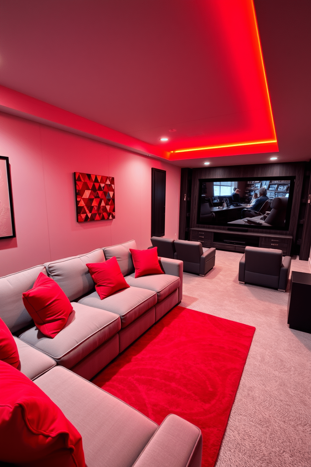 A stylish basement featuring a cozy seating area with a plush sectional sofa adorned with red throw pillows. The walls are painted in a soft gray, while red accent pieces, such as a vibrant rug and artwork, add warmth and personality to the space. A modern entertainment zone with a sleek home theater setup, complete with a large screen and comfortable recliners. Red LED strip lighting along the ceiling enhances the ambiance, creating a dynamic atmosphere for movie nights.