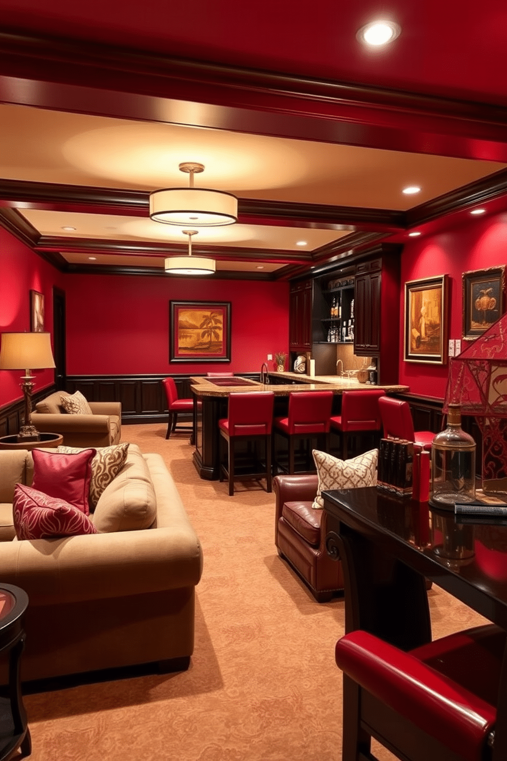 A cozy basement retreat featuring warm red tones throughout the space. Soft, ambient lighting casts a welcoming glow on plush seating arrangements and rich wooden accents. The walls are adorned with deep red paint, complemented by warm-toned artwork that enhances the inviting atmosphere. A stylish bar area with dark wood finishes and red bar stools adds a touch of elegance, perfect for entertaining guests.