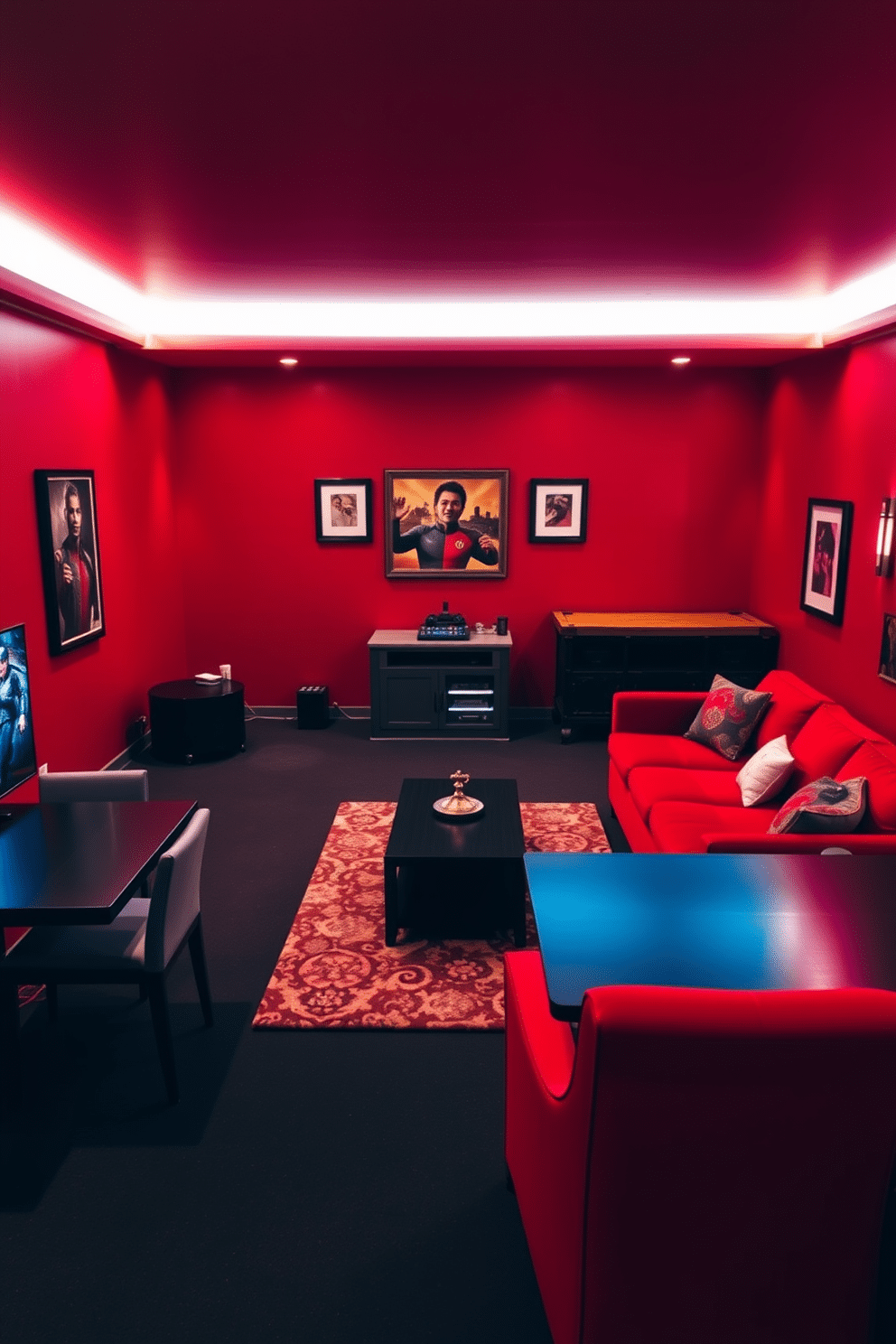 A vibrant game room designed with a red theme. The walls are painted a deep crimson, complemented by a plush red sectional sofa and a sleek black coffee table at the center. In one corner, a state-of-the-art gaming console is set up on a modern entertainment unit. The floor is covered with a soft, dark carpet, and LED strip lights illuminate the space, casting a warm glow. For the red basement design, envision a cozy retreat with rich burgundy walls. The area features a large sectional couch, a rustic wooden bar, and framed artwork that adds character to the space. Soft ambient lighting creates an inviting atmosphere, while a stylish rug anchors the seating area. A game table is positioned for entertainment, surrounded by comfortable chairs in complementary colors.