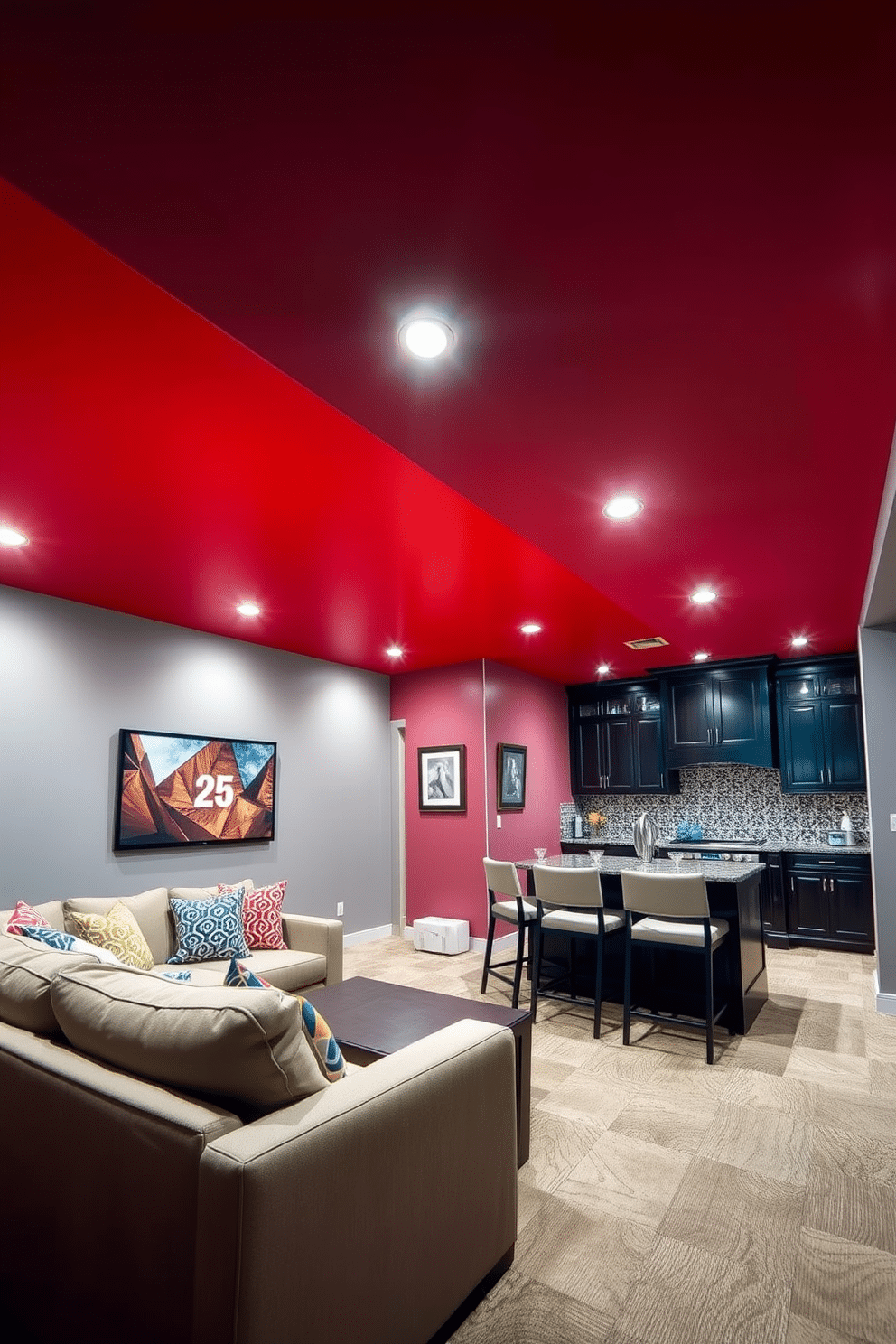 A striking red ceiling creates a bold statement in a modern basement, drawing the eye upward and adding a dramatic flair to the space. The walls are painted in a soft gray to balance the intensity of the ceiling, while recessed lighting enhances the vibrant color. The basement features a cozy seating area with plush sectional sofas in neutral tones, complemented by colorful throw pillows that echo the red ceiling. A sleek bar area with dark wood cabinetry and stylish bar stools invites entertainment, creating an inviting atmosphere for gatherings.