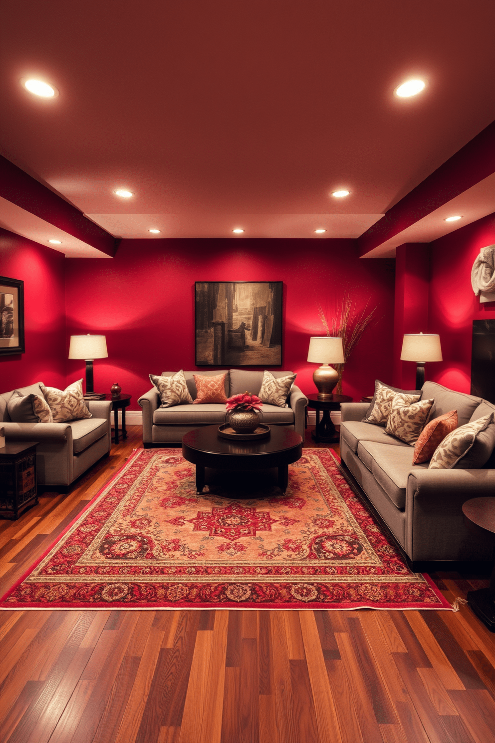 A striking basement retreat featuring rich red walls that create a warm and inviting atmosphere. The flooring is a deep, earthy brown wood, complemented by plush, neutral-toned furniture that adds comfort and style. Artistic accents in terracotta and rust tones are scattered throughout, enhancing the overall earthy palette. A large area rug with intricate patterns ties the space together, while ambient lighting casts a soft glow, perfect for relaxation or entertainment.