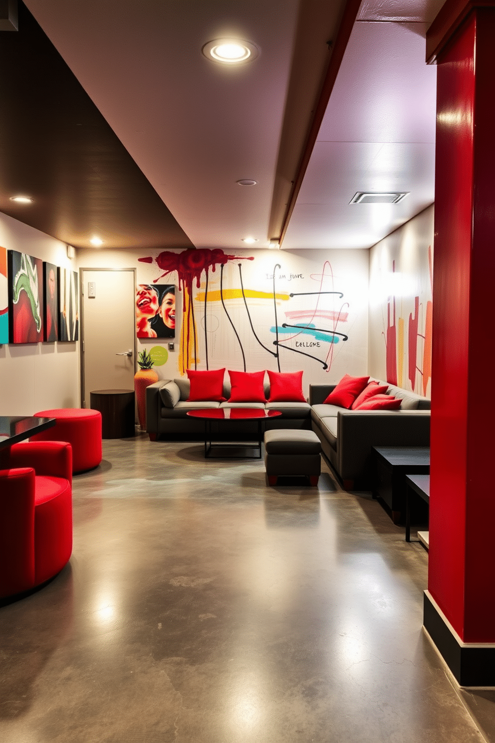 A vibrant basement design featuring creative wall art that incorporates shades of red. The walls are adorned with abstract paintings and murals, adding a dynamic focal point to the space. The flooring is a sleek, polished concrete that contrasts with the warmth of the red accents. Cozy seating areas with plush cushions in complementary colors invite relaxation and conversation.