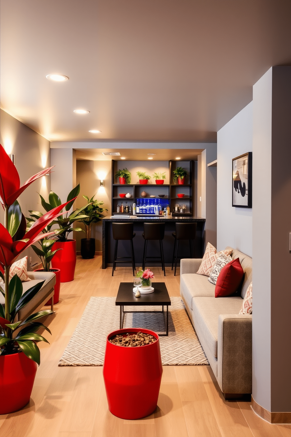 A modern basement retreat featuring red planters that add a vibrant pop of color. The space is designed with cozy seating arrangements, complemented by warm lighting and sleek finishes. The walls are painted in a soft gray, creating a perfect backdrop for the bold red planters. A stylish bar area with minimalist shelving enhances the entertainment vibe of the basement while maintaining a chic aesthetic.