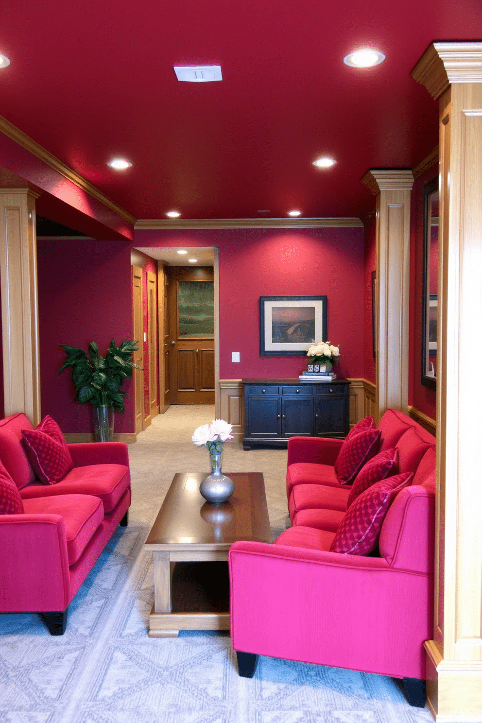 A stylish transitional basement space featuring rich red walls complemented by warm wooden accents. The area includes a cozy seating arrangement with plush red sofas and a wooden coffee table, creating an inviting atmosphere for relaxation and entertainment.