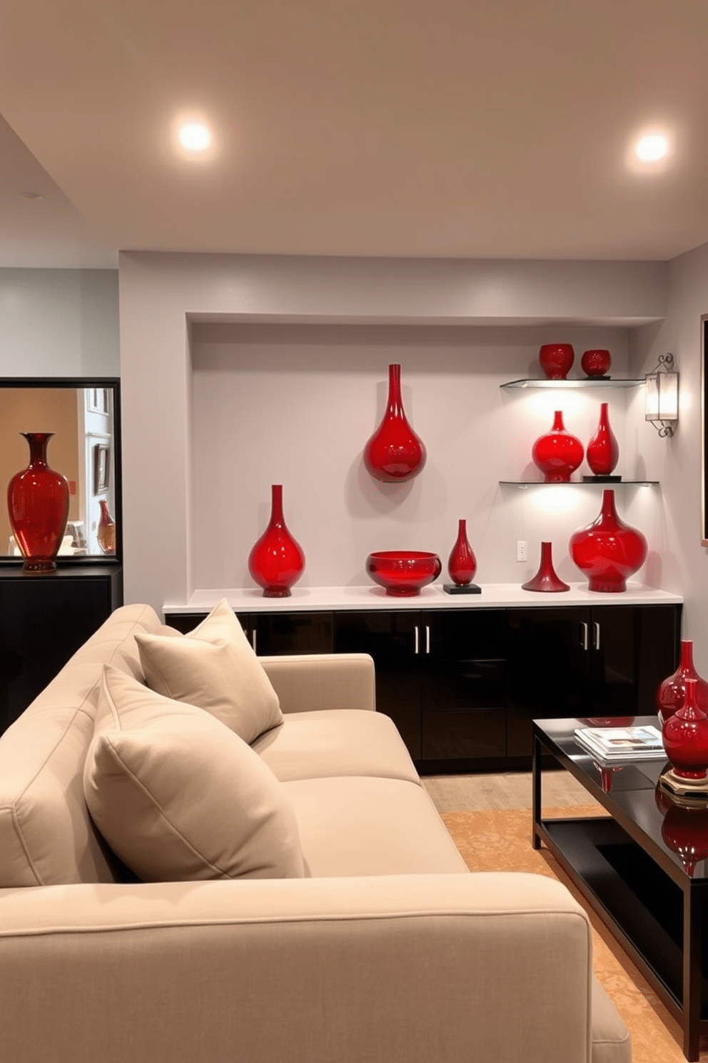 A stylish basement featuring red glass decor elements that add a chic touch to the overall aesthetic. The space includes a plush sectional sofa in neutral tones, complemented by vibrant red glass vases and sculptures strategically placed on shelves and tables. The walls are painted in a soft gray, enhancing the warmth of the red accents. Ambient lighting fixtures cast a gentle glow, highlighting the unique decor while creating an inviting atmosphere for relaxation and entertainment.