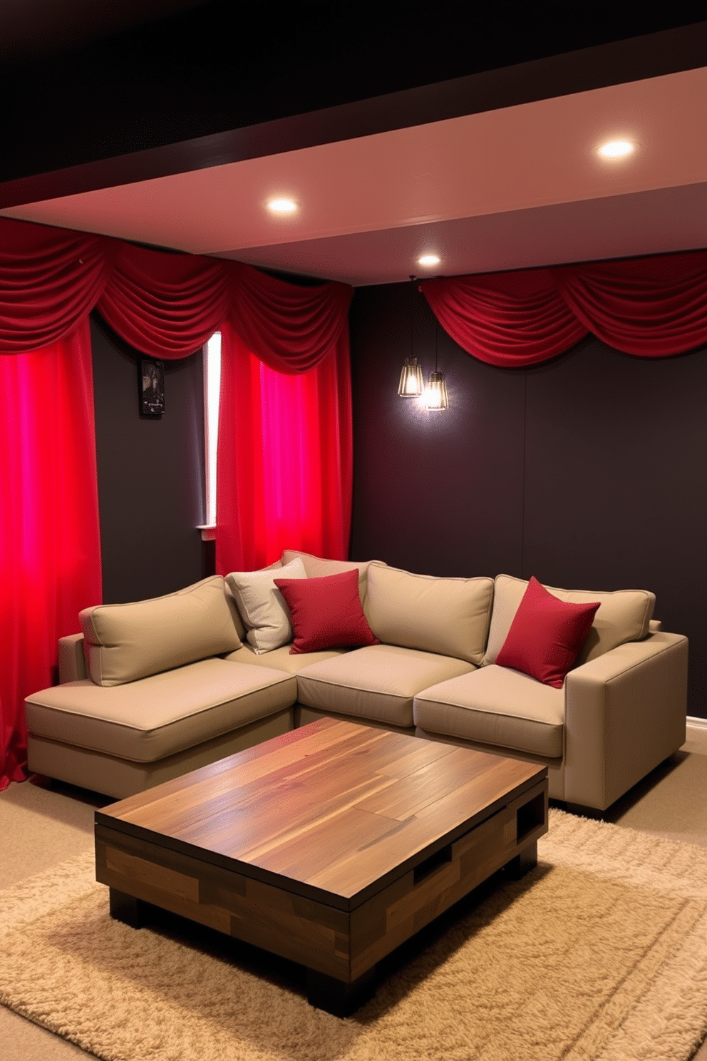 A cozy basement retreat featuring layered red curtains that add depth and warmth to the space. The walls are painted in a rich, dark hue, complementing the vibrant curtains and creating a dramatic contrast. The room includes a plush sectional sofa in neutral tones, paired with a sleek coffee table made of reclaimed wood. Ambient lighting fixtures are strategically placed to enhance the inviting atmosphere, while a soft area rug anchors the seating area.