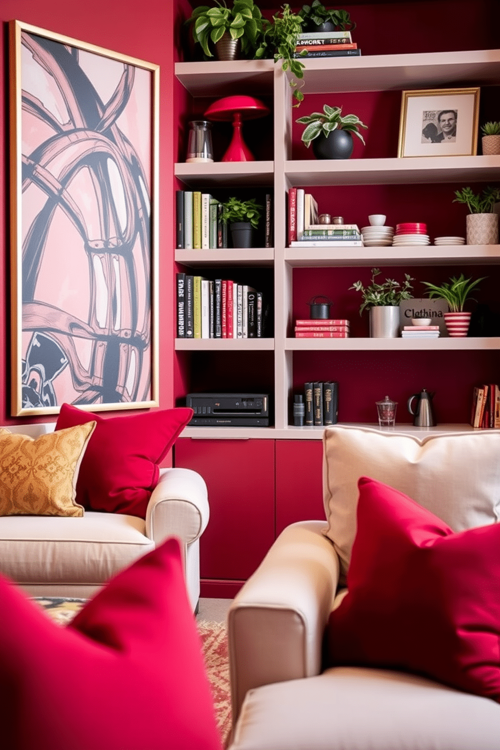 Open shelving with red accents. The shelves are filled with a mix of decorative books, vibrant plants, and stylish kitchenware, creating a lively and inviting atmosphere. Red basement design ideas. The space features deep red walls paired with cozy, neutral furnishings, complemented by soft lighting to enhance the warmth and intimacy of the room.