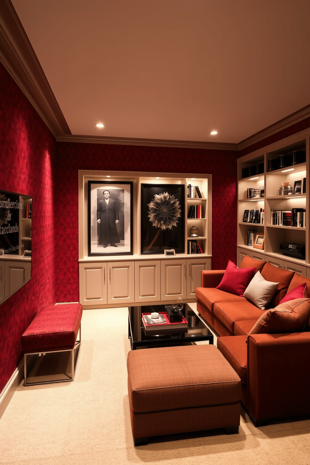 A striking basement retreat featuring red patterned wallpaper that adds a dramatic flair to the space. The room is furnished with a plush sectional sofa and a sleek coffee table, creating an inviting atmosphere for relaxation and entertainment. Incorporated into the design are built-in shelves displaying an array of books and decorative items. Soft, ambient lighting illuminates the space, enhancing the rich tones of the wallpaper and creating a cozy ambiance perfect for gatherings.