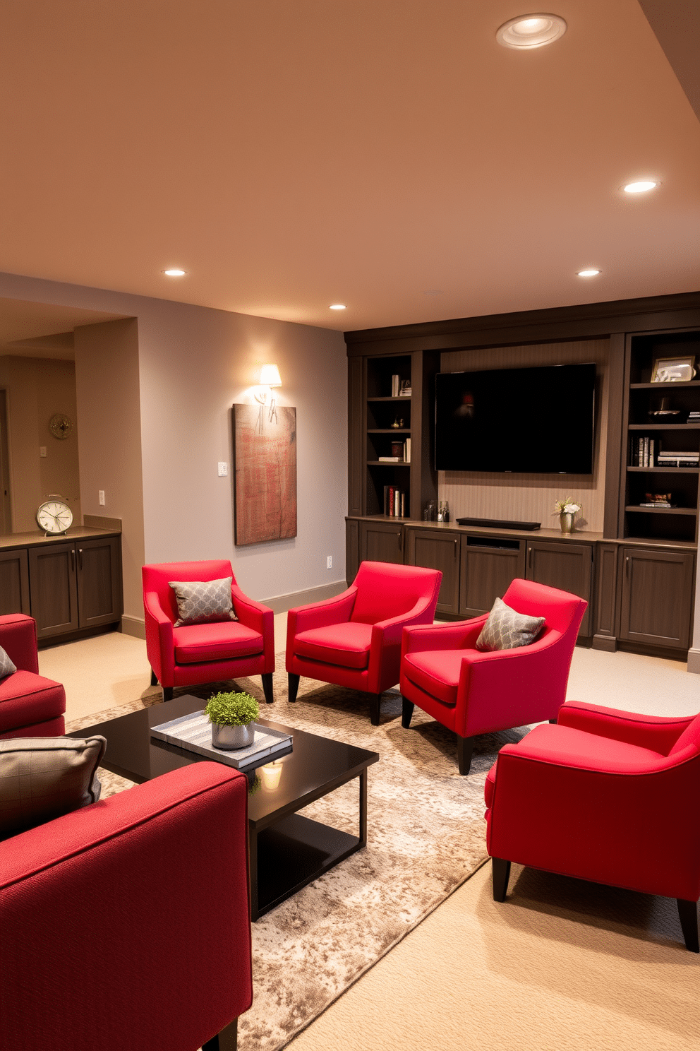 A stylish basement designed for relaxation features red accent chairs that provide a vibrant contrast against the neutral-toned walls. The seating area is complemented by a sleek coffee table and soft area rugs, creating a cozy and inviting atmosphere. The basement layout includes a dedicated entertainment zone with a large flat-screen TV and built-in shelving for books and decor. Warm lighting fixtures enhance the space, while large windows allow natural light to filter in, making the basement feel open and welcoming.