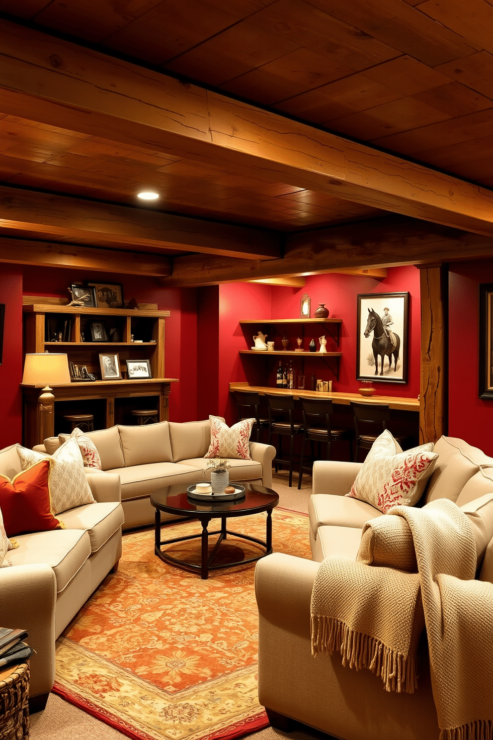 A cozy basement retreat featuring rustic wooden beams that contrast beautifully with rich red walls. The space is adorned with plush seating, a warm area rug, and ambient lighting that creates an inviting atmosphere. Incorporate a rustic bar area with reclaimed wood shelves and vintage-style bar stools. Accent the design with decorative elements like framed artwork and soft throw blankets for added comfort.