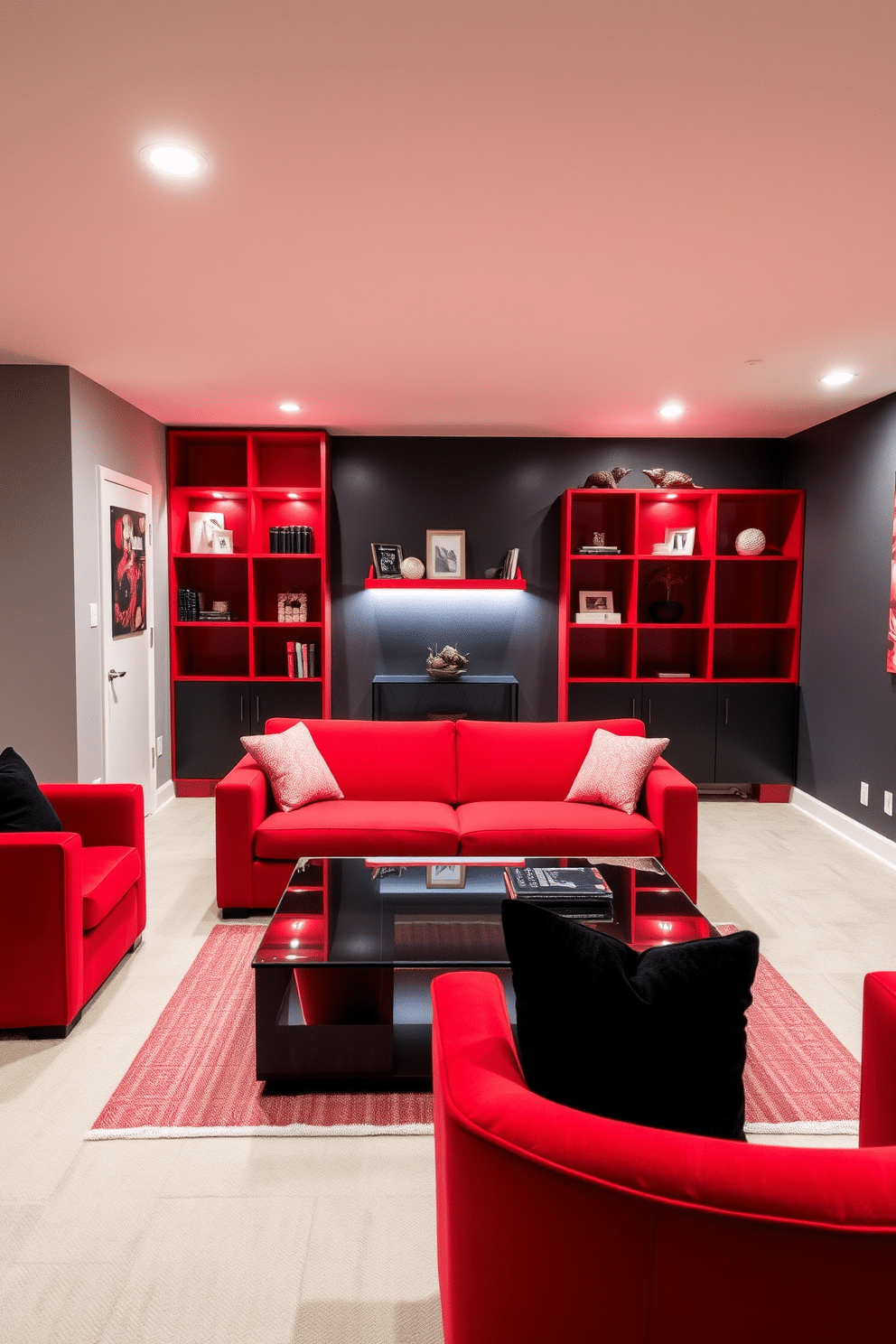 A striking red sofa takes center stage in the basement, paired with a sleek glass coffee table that reflects the room's modern aesthetic. Surrounding the seating area, plush red accent chairs add a vibrant contrast against the neutral gray walls, creating an inviting atmosphere for relaxation and entertainment. Incorporating red shelving units against the backdrop of a deep charcoal wall, the space is transformed into a stylish display area for books and decor. Soft ambient lighting highlights the red accents, enhancing the cozy feel while maintaining a contemporary edge.