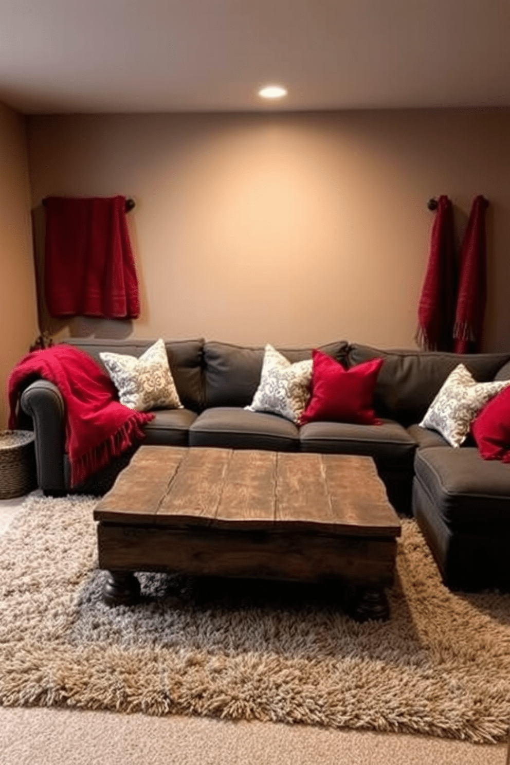 A cozy basement retreat featuring layered textures that create warmth and comfort. Plush red throws and decorative pillows adorn a deep gray sectional sofa, inviting relaxation. The walls are painted in a soft taupe, enhancing the rich hues of the furnishings. A rustic wooden coffee table sits at the center, surrounded by a plush area rug that adds to the inviting atmosphere.