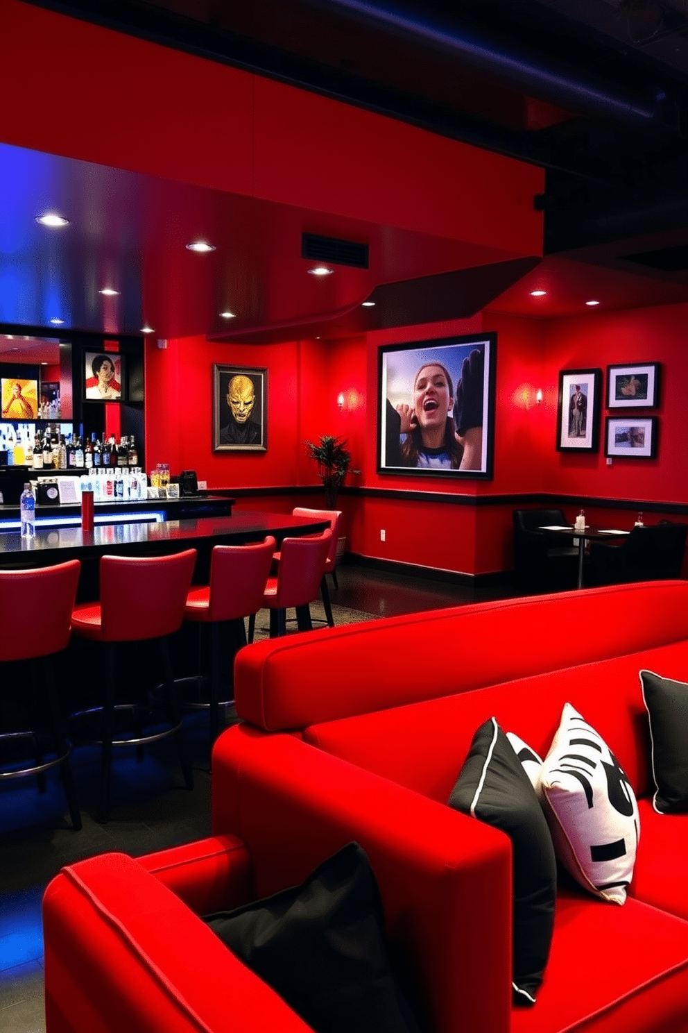 A vibrant bar area designed for entertainment features bright red walls adorned with modern art pieces. The bar counter is sleek and black, complemented by high-backed red stools that invite guests to gather and socialize. In the basement, a cozy lounge area showcases a plush red sectional sofa with contrasting black and white throw pillows. Ambient lighting highlights the space, creating an inviting atmosphere perfect for relaxation or hosting friends.