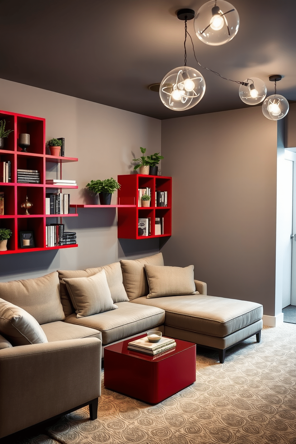 A modern basement space featuring accent red shelving that provides stylish storage solutions. The walls are painted a soft gray, contrasting beautifully with the vibrant red shelves, which are filled with decorative books and plants. The area includes a cozy seating arrangement with a plush sectional sofa in neutral tones, complemented by a sleek coffee table. Ambient lighting fixtures hang from the ceiling, creating a warm and inviting atmosphere perfect for relaxation and entertainment.