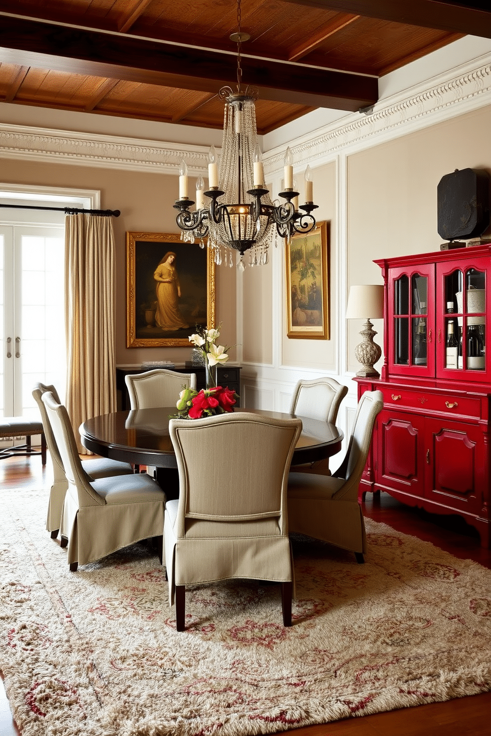 A vintage red sideboard is positioned against the wall, serving as a bold focal point in the dining room. The room features an elegant dining table surrounded by upholstered chairs that complement the rich color of the sideboard. The walls are adorned with tasteful artwork that enhances the vintage aesthetic, while a large chandelier hangs above the table, providing warm illumination. A plush area rug anchors the space, adding texture and comfort beneath the dining table.