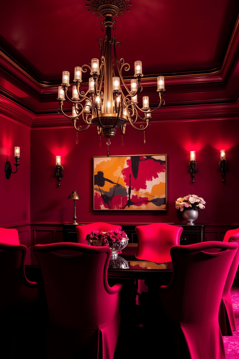 A striking dining room featuring layered lighting that casts a warm red glow throughout the space. The room is adorned with a large, elegant dining table surrounded by plush, crimson upholstered chairs. Above the table, a statement chandelier with intricate designs illuminates the area, complemented by wall sconces that enhance the ambiance. The walls are painted in a deep burgundy, while a vibrant abstract painting adds a pop of contrast to the decor.