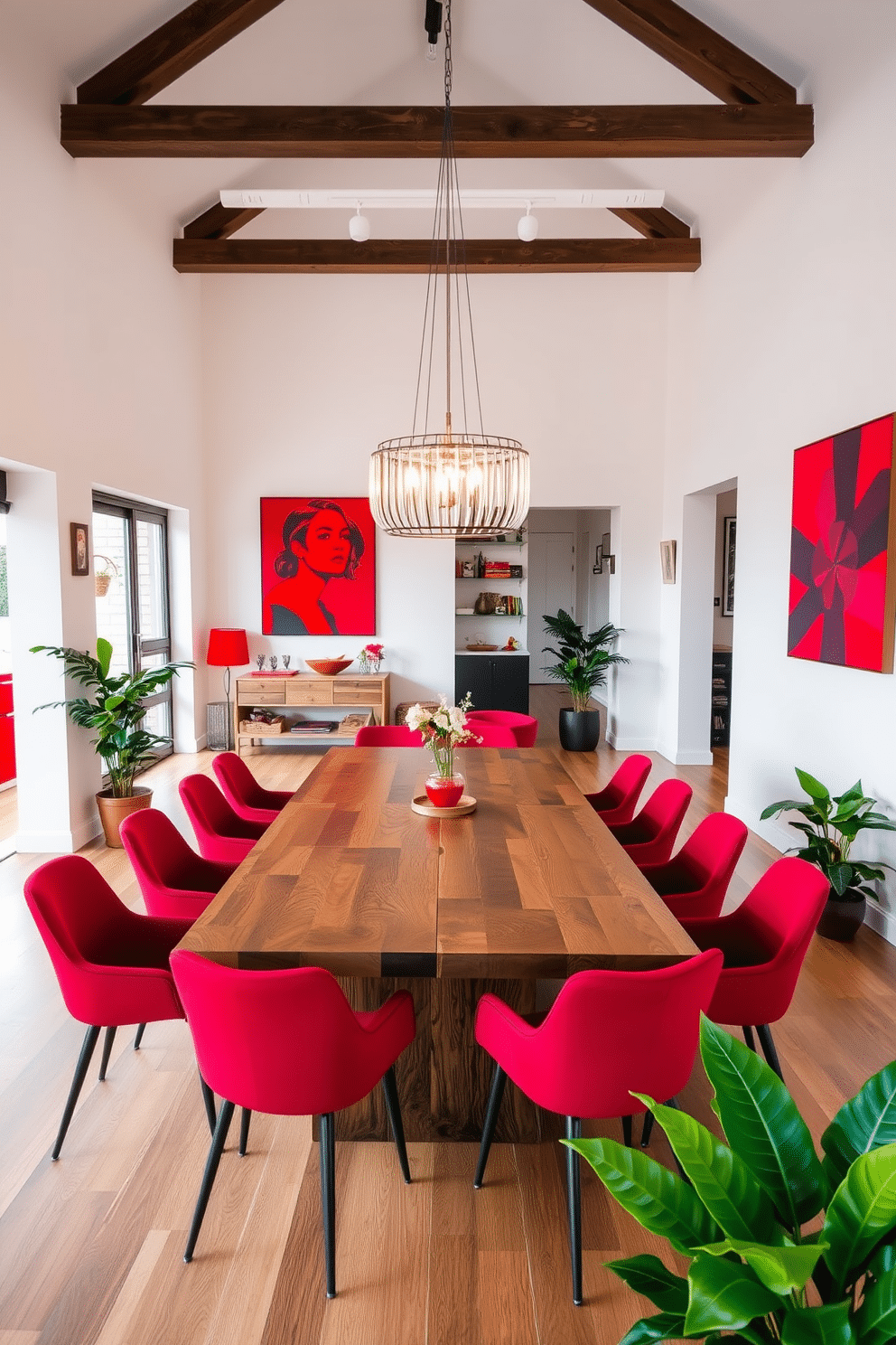 An open concept dining area features a large rectangular table made of reclaimed wood, surrounded by modern chairs upholstered in rich red fabric. The walls are painted a soft white, and bold red accents are introduced through vibrant artwork and decorative pieces scattered throughout the space. A statement chandelier with a sleek design hangs above the table, casting a warm glow over the dining area. Potted plants with lush greenery are placed in the corners, adding a touch of freshness to the inviting atmosphere.