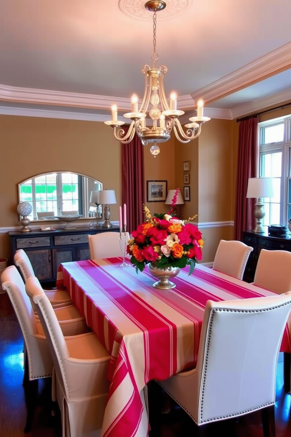 A dining room featuring a red and cream striped tablecloth drapes elegantly over a large wooden table, surrounded by plush cream-colored chairs. The walls are painted in a warm beige tone, complemented by a stunning chandelier that casts a soft glow over the space. In the corner, a stylish sideboard displays fine china and decorative pieces, while a vibrant floral arrangement adds a pop of color to the table. Large windows allow natural light to flood the room, enhancing the inviting atmosphere of this sophisticated dining area.