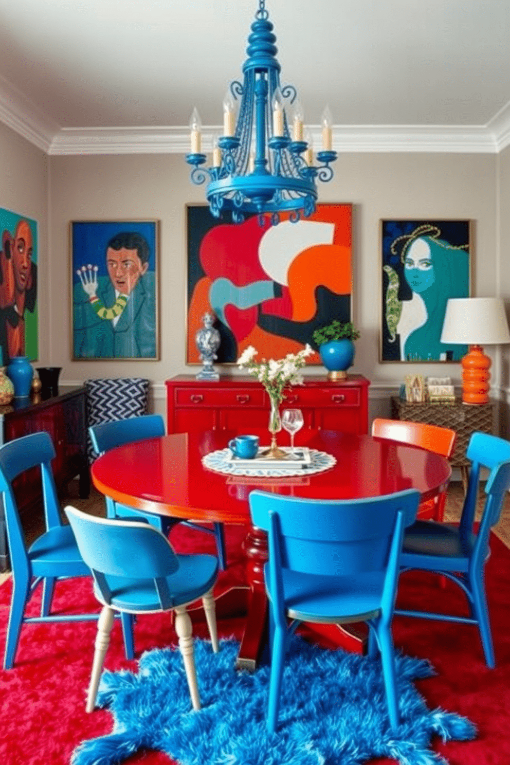 An eclectic dining room featuring a bold mix of red and blue decor. The centerpiece is a large, round dining table with a deep red finish, surrounded by mismatched blue chairs in various styles and patterns. The walls are adorned with vibrant artwork that combines both colors, creating a dynamic focal point. A stunning blue chandelier hangs above the table, casting a warm glow over the space, while a plush red area rug anchors the room.