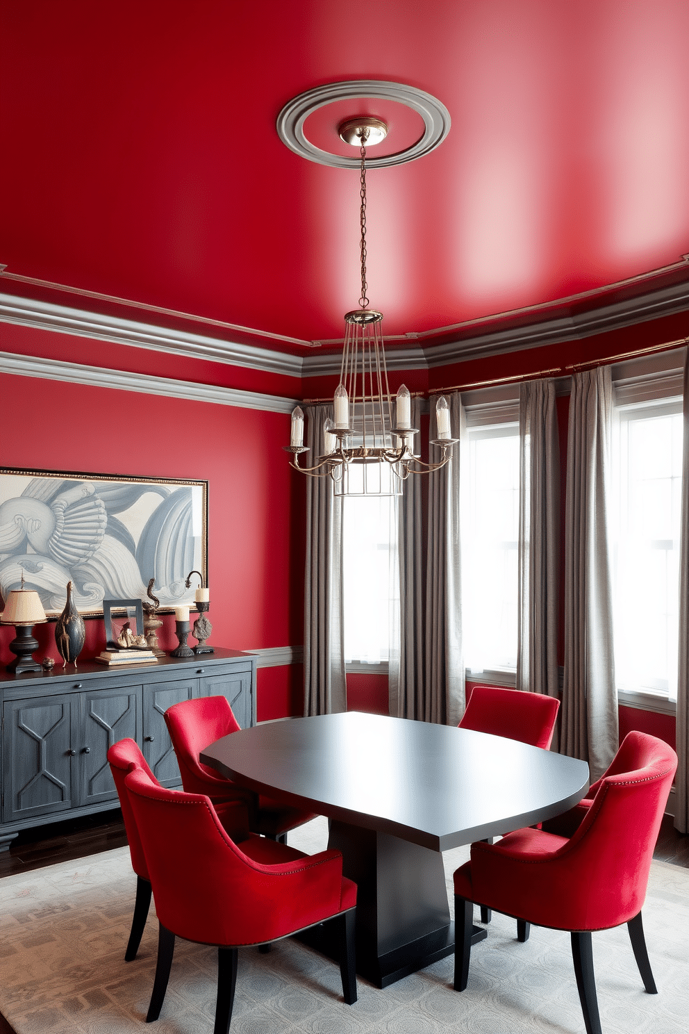 A sophisticated dining room featuring a striking red and gray palette. The walls are painted in a deep crimson, while the ceiling is adorned with elegant gray crown molding. A sleek gray dining table is set in the center, surrounded by plush red upholstered chairs. A modern chandelier with metallic accents hangs above, casting a warm glow over the space. On one side, a stylish sideboard in a rich gray finish complements the color scheme, adorned with decorative items in contrasting hues. Large windows dressed with sheer gray curtains allow natural light to filter in, enhancing the room's inviting atmosphere.