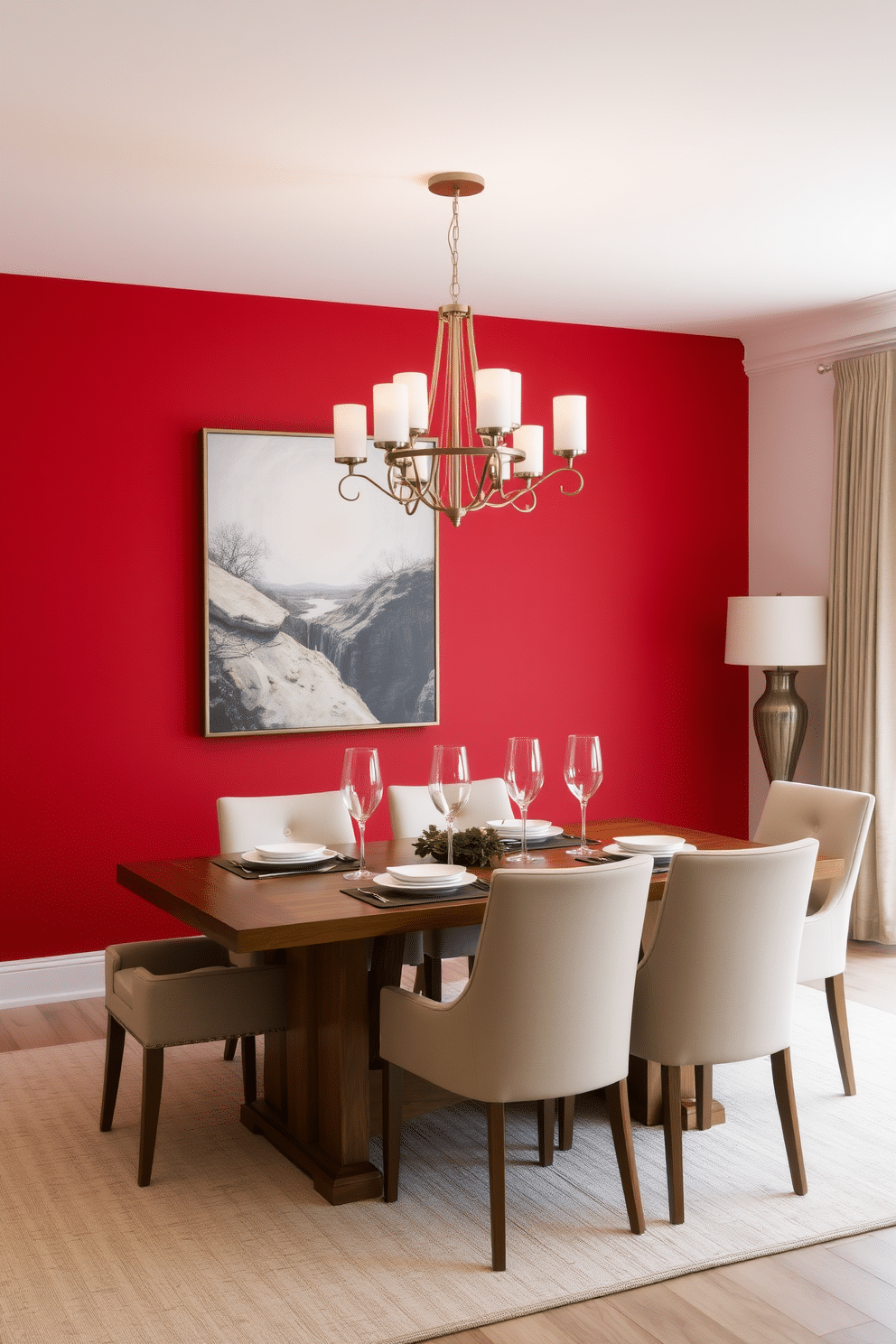 A striking red accent wall serves as the focal point of the dining room, complemented by neutral decor elements that create balance and sophistication. The space features a sleek wooden dining table surrounded by upholstered chairs in soft beige, enhancing the inviting atmosphere. A modern chandelier hangs above the table, providing warm lighting that highlights the rich color of the red wall. Elegant table settings with simple white dishware and subtle greenery add a touch of refinement to the overall design.