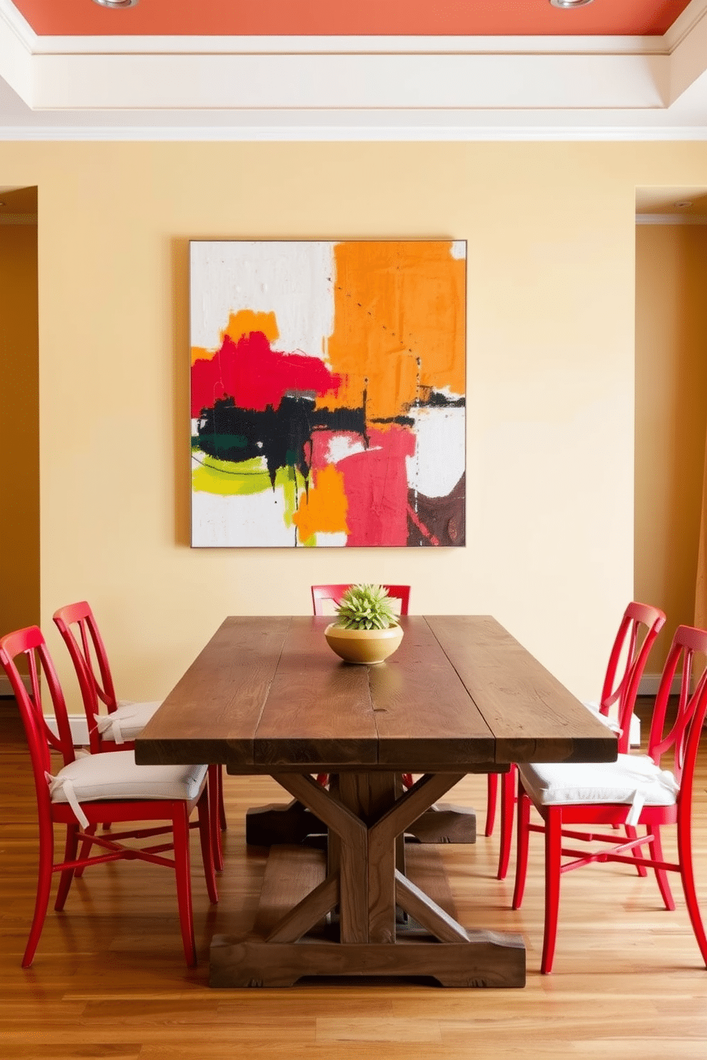 A vibrant dining room featuring bright red dining chairs arranged around a rustic wooden table. The walls are painted in a warm cream color, complemented by a large, abstract artwork that adds a pop of color above the table.