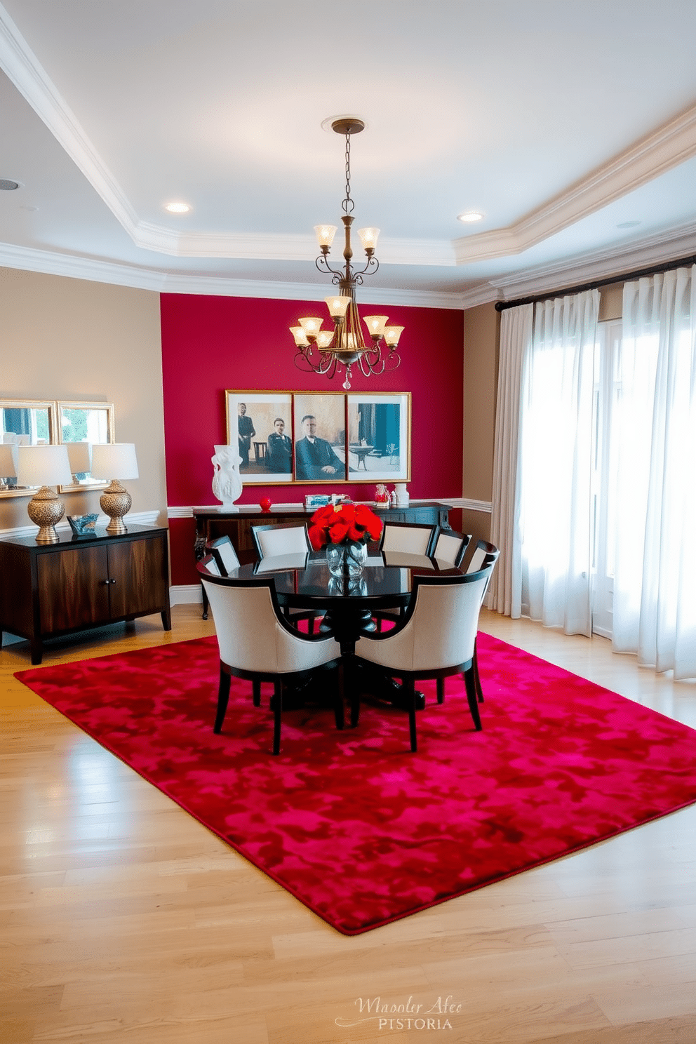 A stylish red rug anchors the dining room, creating a vibrant focal point that contrasts beautifully with the neutral hardwood floors. The dining table, made of rich mahogany, is surrounded by elegant upholstered chairs in soft cream, enhancing the warmth of the space. Above the table, a modern chandelier with warm-toned bulbs casts a welcoming glow, while the walls are adorned with framed artwork that complements the red hues of the rug. Large windows draped with sheer white curtains allow natural light to flood the room, making it feel inviting and spacious.