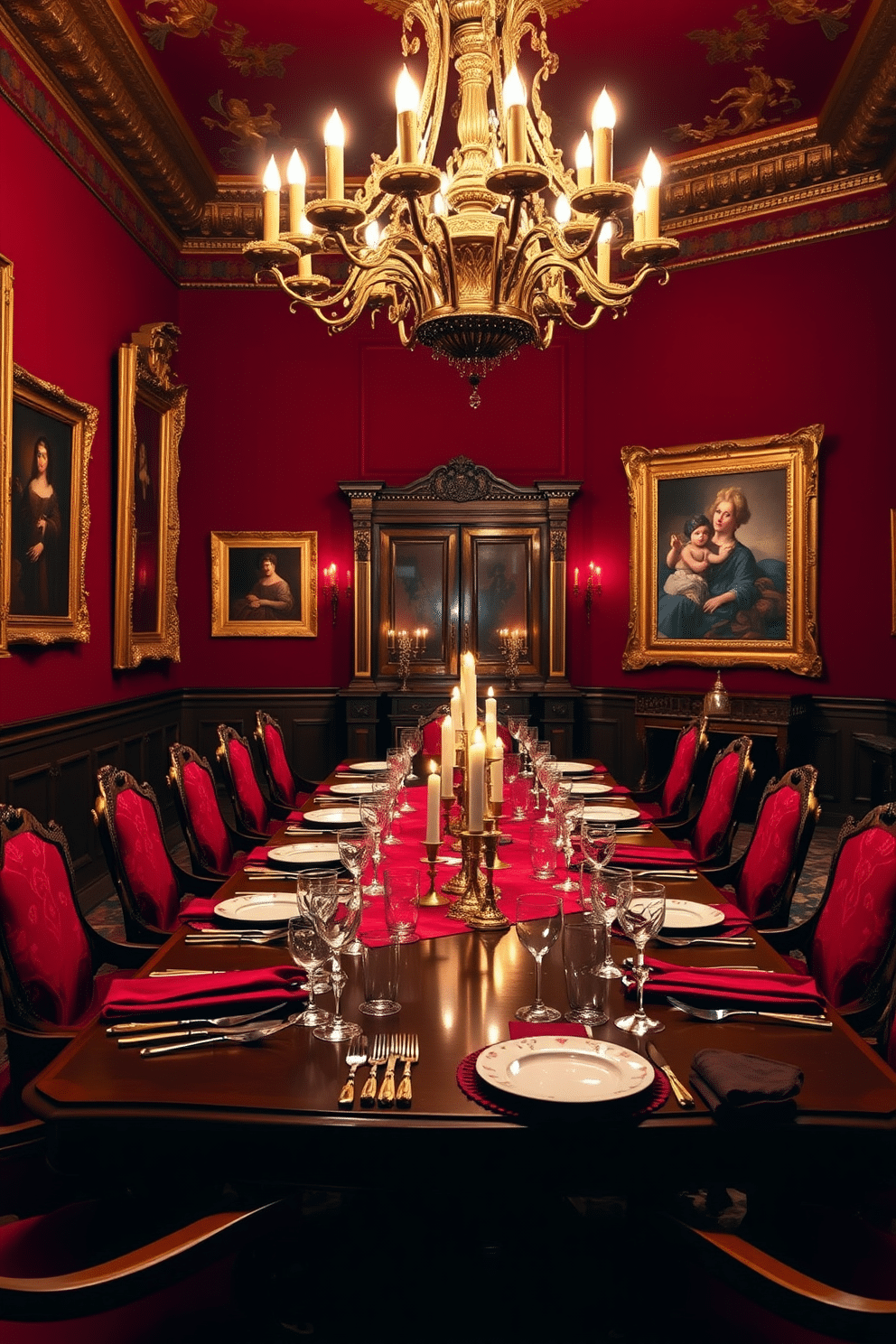 A luxurious dining room featuring a grand wooden table adorned with red and gold table settings. Delicate china plates are placed atop rich red tablecloths, complemented by golden cutlery and crystal glassware that glimmers in the soft candlelight. The walls are painted in a deep burgundy hue, enhancing the opulent atmosphere of the space. Ornate gold-framed artwork adorns the walls, while a stunning chandelier hangs above, casting a warm glow over the elegant setting.