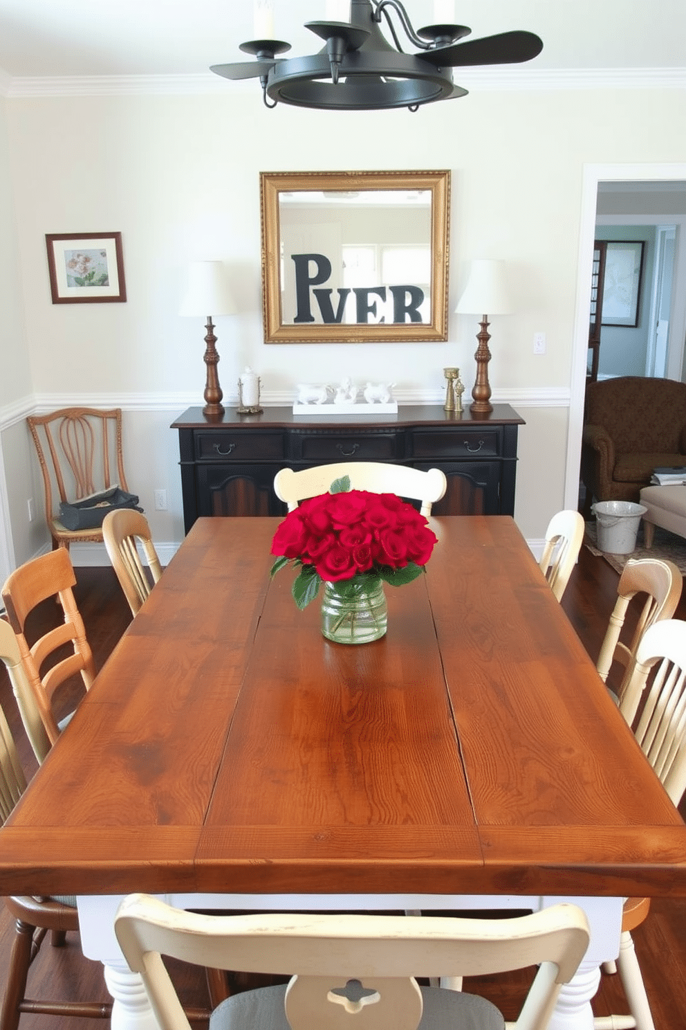 A rustic wooden table takes center stage in the dining room, adorned with a vibrant red centerpiece that adds a pop of color. Surrounding the table are mismatched chairs, each with its own unique charm, creating an inviting and eclectic dining atmosphere.