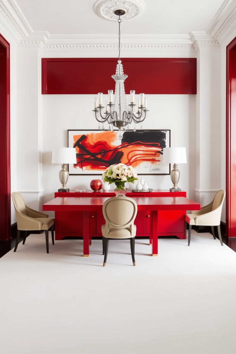 A bold red buffet table serves as the centerpiece of the dining room, contrasting beautifully against the light-colored walls. Surrounding the table, elegant dining chairs in neutral tones create a harmonious balance, while a statement chandelier hangs above, adding a touch of sophistication.