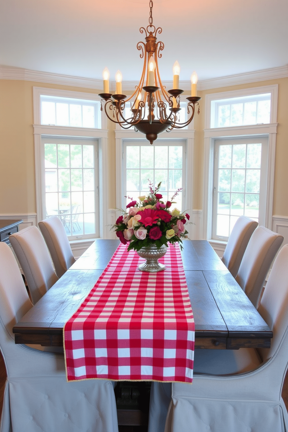 A vibrant dining room featuring a red and white checkered table runner draped elegantly across a rustic wooden table. Surrounding the table are upholstered chairs in a complementary shade, with a stunning chandelier hanging above, casting a warm glow over the space. The walls are painted in a soft cream color, enhancing the brightness of the room. Large windows allow natural light to flood in, showcasing a beautiful centerpiece of fresh flowers atop the table.