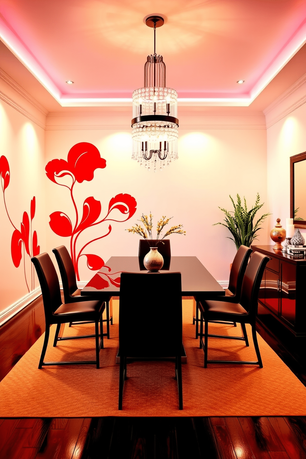 A vibrant dining room featuring artistic red wall decals that add flair and personality to the space. The room is anchored by a sleek, modern dining table surrounded by elegant chairs, with warm lighting that creates an inviting atmosphere. The walls are adorned with abstract red decals that contrast beautifully against a soft white backdrop. A statement chandelier hangs above the table, while a sideboard with decorative items complements the overall aesthetic.