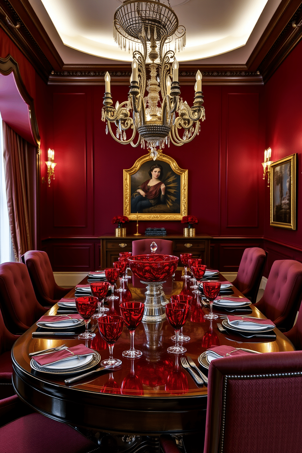 A luxurious dining room featuring an elegant red glassware set, beautifully arranged on a polished wooden table. The room is adorned with rich burgundy walls and complemented by soft, ambient lighting from a stunning chandelier overhead. The table is set with intricate place settings, showcasing the shimmering red glassware alongside fine china and polished silverware. Plush upholstered chairs in a coordinating shade invite guests to sit and enjoy a sophisticated dining experience.