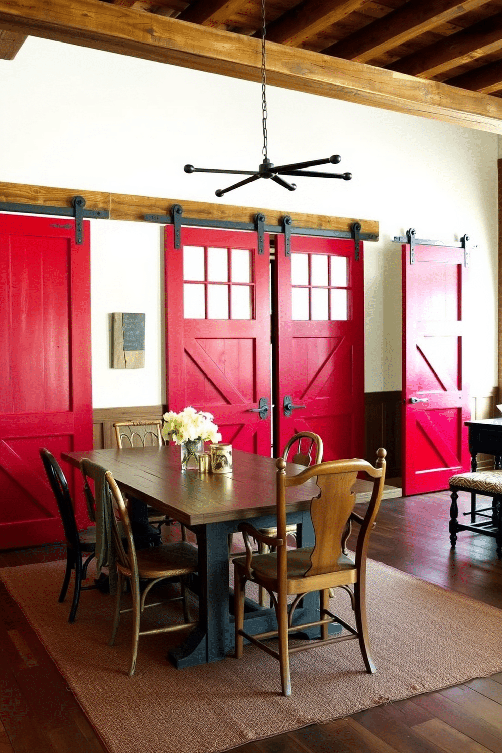 A rustic dining space features striking red barn doors that add character and warmth to the room. The walls are adorned with reclaimed wood accents, and a large farmhouse table is surrounded by mismatched vintage chairs.