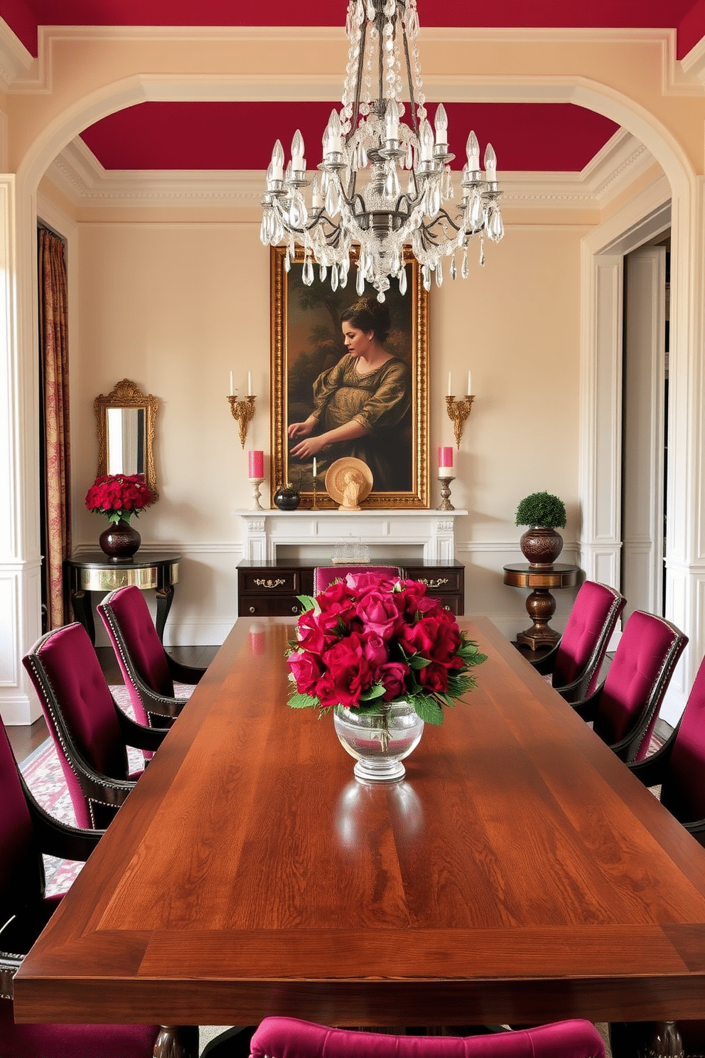 A vibrant dining room featuring a large wooden table adorned with lush red floral arrangements as centerpieces. The walls are painted in a soft cream color, complemented by elegant red and gold accents throughout the space. The dining chairs are upholstered in rich burgundy fabric, providing a luxurious contrast to the table. A stunning chandelier with crystal details hangs above, casting a warm glow over the inviting atmosphere.