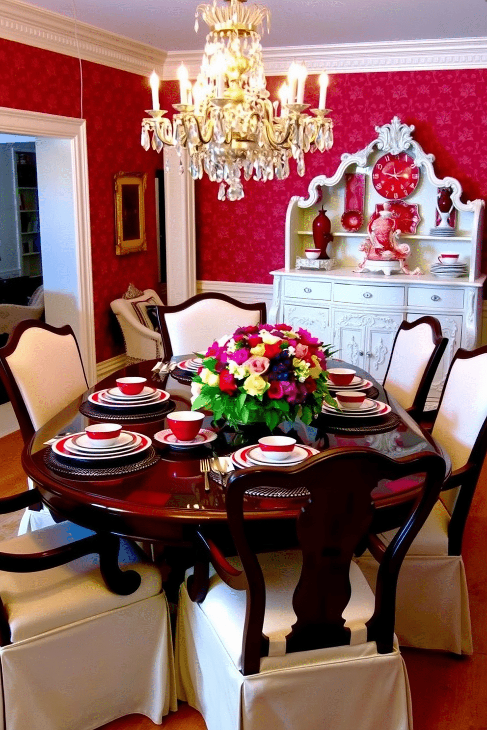 A classic red and white dinnerware set is elegantly displayed on a polished mahogany dining table, surrounded by plush white upholstered chairs. The walls are adorned with rich red wallpaper, and a crystal chandelier hangs above, casting a warm glow over the inviting space. An ornate sideboard in a complementary white finish showcases additional dinnerware and decorative accents. The room is completed with a vibrant floral centerpiece and soft, ambient lighting that enhances the cozy, sophisticated atmosphere.