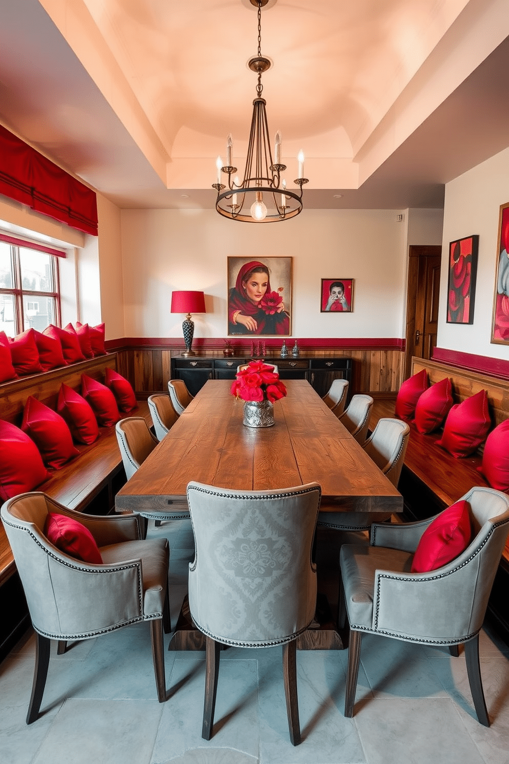 A vibrant dining room features long wooden benches adorned with plush red accent pillows that invite comfort and style. The walls are painted in a soft cream color, contrasting beautifully with the deep red accents throughout the space. A large, rustic wooden dining table sits at the center, surrounded by elegant chairs that complement the red theme. Decorative elements like a modern chandelier and artwork with red tones enhance the overall ambiance, creating a warm and inviting atmosphere.