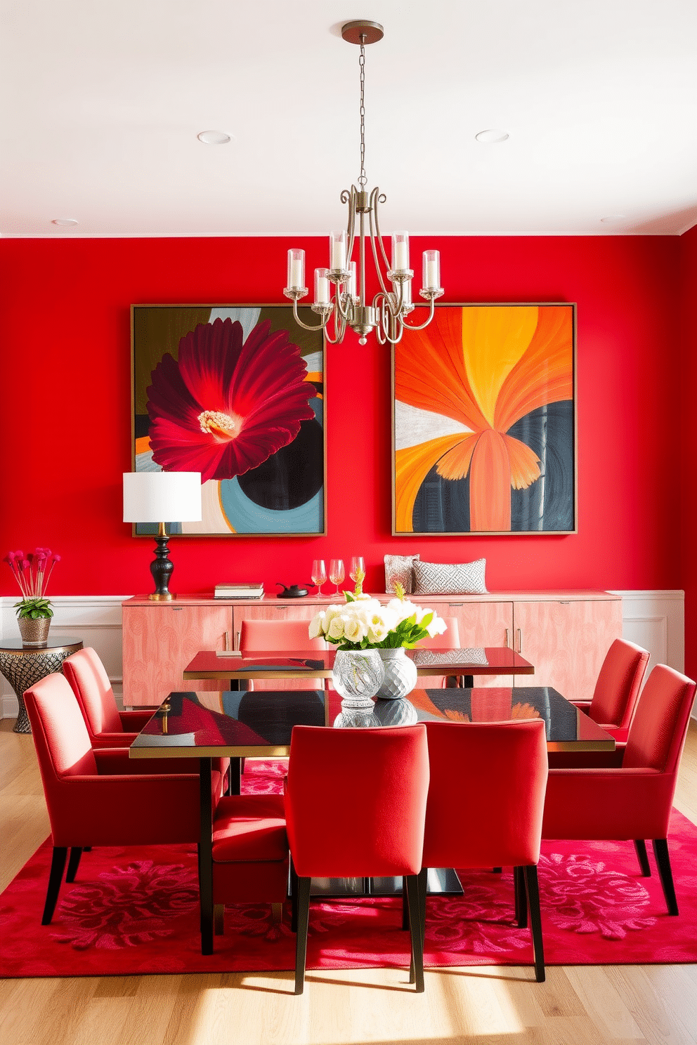 A vibrant dining room featuring a bold red accent wall adorned with large, eye-catching artworks that energize the space. The room is furnished with a sleek, contemporary dining table surrounded by upholstered chairs in complementary shades, creating a warm and inviting atmosphere. Natural light floods the room through large windows, highlighting the rich textures of the decor. A stylish chandelier hangs above the table, adding elegance and enhancing the overall aesthetic of the bright red theme.