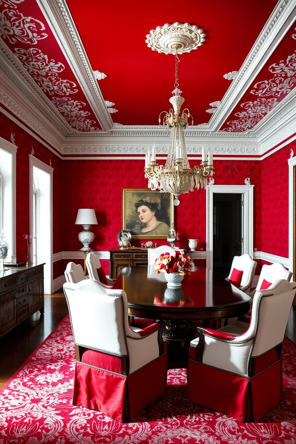 A striking dining room featuring bold red wallpaper adorned with intricate white trim. A large, elegant wooden dining table sits in the center, surrounded by plush white chairs with red accents. An ornate chandelier hangs from the ceiling, casting a warm glow over the space. A sideboard against one wall displays fine china and decorative items, complementing the rich color scheme.