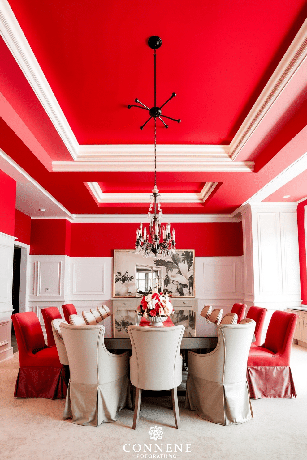 A dramatic red ceiling contrasts beautifully with crisp white walls, creating a bold and striking atmosphere. A large, elegant dining table is centered in the room, surrounded by plush upholstered chairs in a neutral tone to balance the intensity of the ceiling. The table is adorned with a luxurious table runner and a stunning floral centerpiece, adding a touch of sophistication. Soft, ambient lighting from a modern chandelier enhances the dramatic effect while providing warmth to the space.