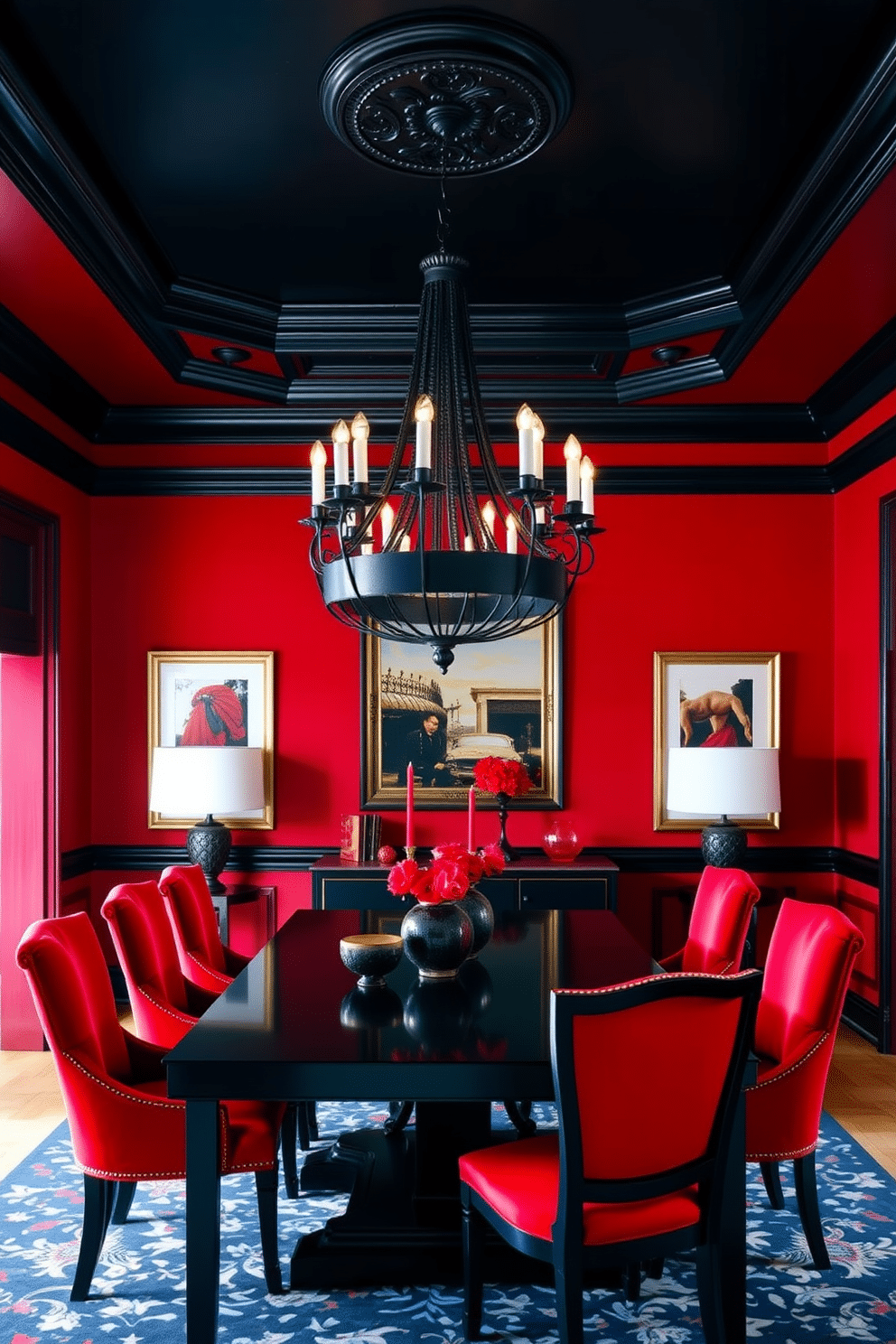 A chic dining room featuring a striking red and black color scheme. The walls are painted a deep, rich red, while the ceiling is adorned with elegant black crown molding. A sleek black dining table is centered in the room, surrounded by plush red upholstered chairs. A bold black chandelier hangs above, casting a warm glow over the space, complemented by red accents throughout the decor.