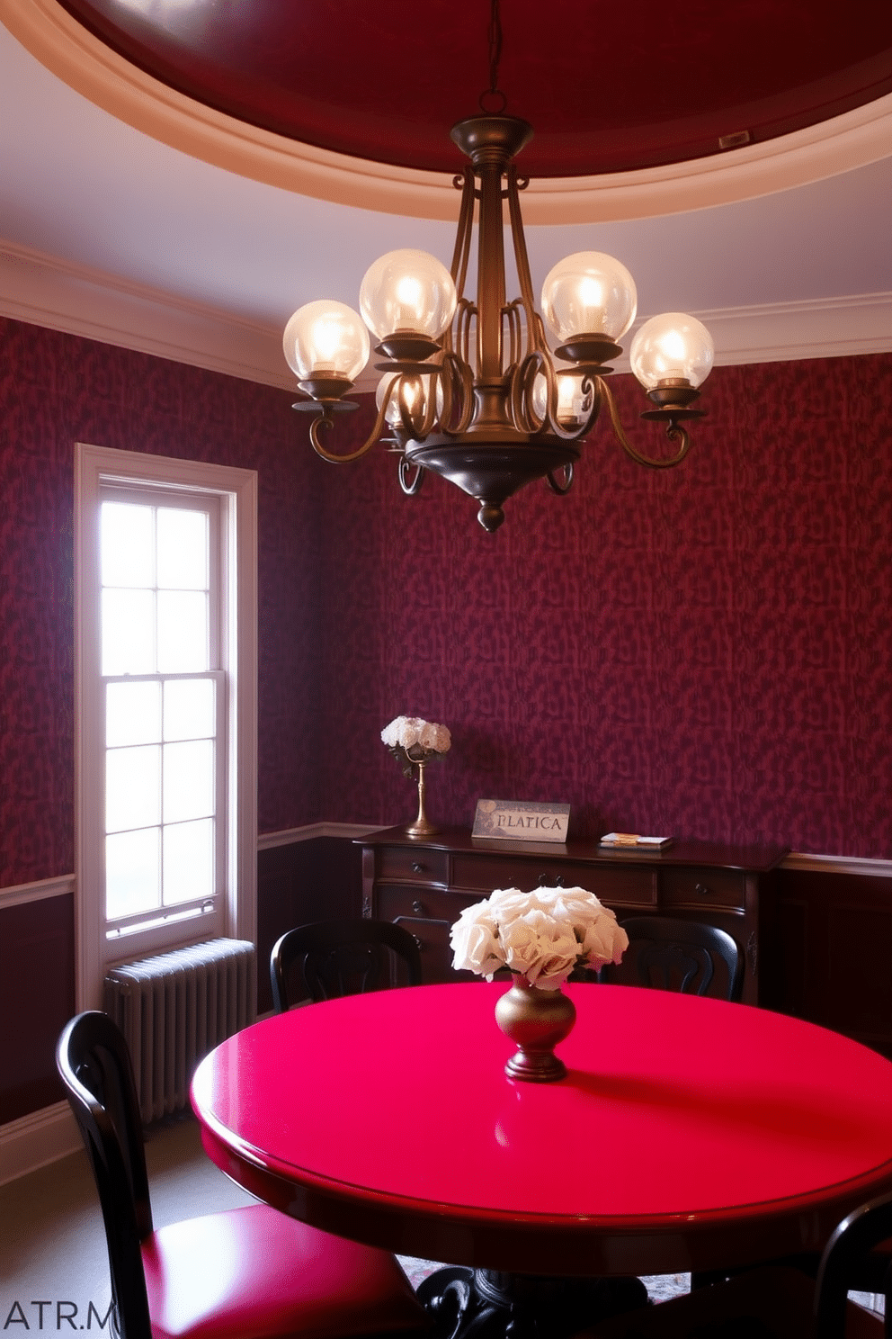 A traditional chandelier hangs gracefully above a round red dining table, casting a warm glow over the space. The walls are adorned with rich, textured wallpaper in deep tones, complementing the elegance of the chandelier and the vibrant red of the table.