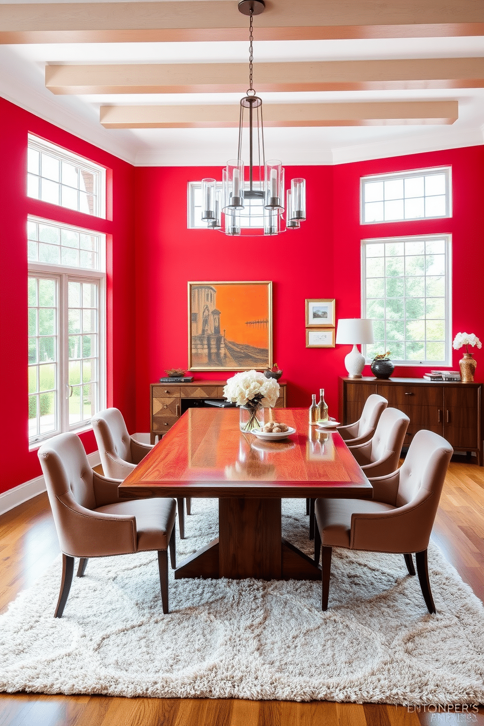 A striking red dining room features large windows that flood the space with natural light, enhancing the vibrant color of the walls. A sleek wooden dining table sits at the center, surrounded by elegant upholstered chairs in a complementary shade. The room is adorned with tasteful artwork that adds character and depth, while a modern chandelier hangs above the table, providing a warm glow. A plush area rug anchors the space, and a stylish sideboard against one wall offers additional storage and display options.