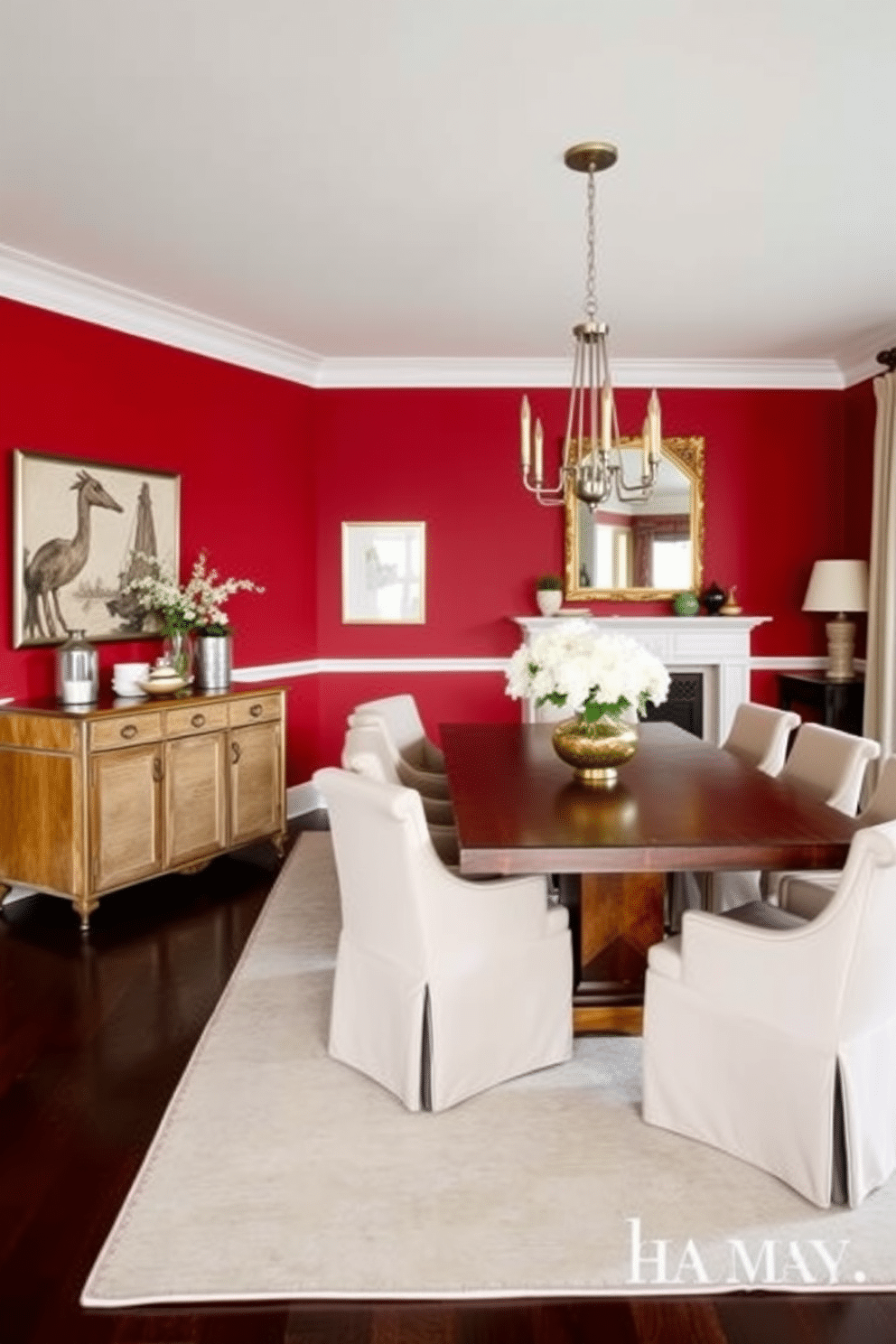 A striking dining room featuring a bold red accent wall that contrasts beautifully with soft neutral tones throughout the space. The dining table is a rich wood finish, surrounded by upholstered chairs in a light beige fabric, creating a warm and inviting atmosphere. Elegant pendant lights hang above the table, casting a soft glow that enhances the room's cozy feel. A large area rug in muted tones anchors the space, while decorative elements like a vase of white flowers and framed artwork add a touch of sophistication.