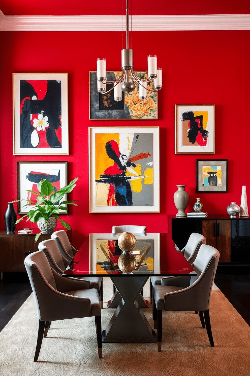 A striking dining room featuring contemporary art pieces displayed against vibrant red walls. The space is illuminated by a modern chandelier, with a sleek glass dining table surrounded by elegant upholstered chairs. Bold abstract paintings in various sizes create a dynamic focal point, enhancing the room's energetic atmosphere. A stylish sideboard complements the decor, adorned with decorative objects and a lush green plant for added contrast.