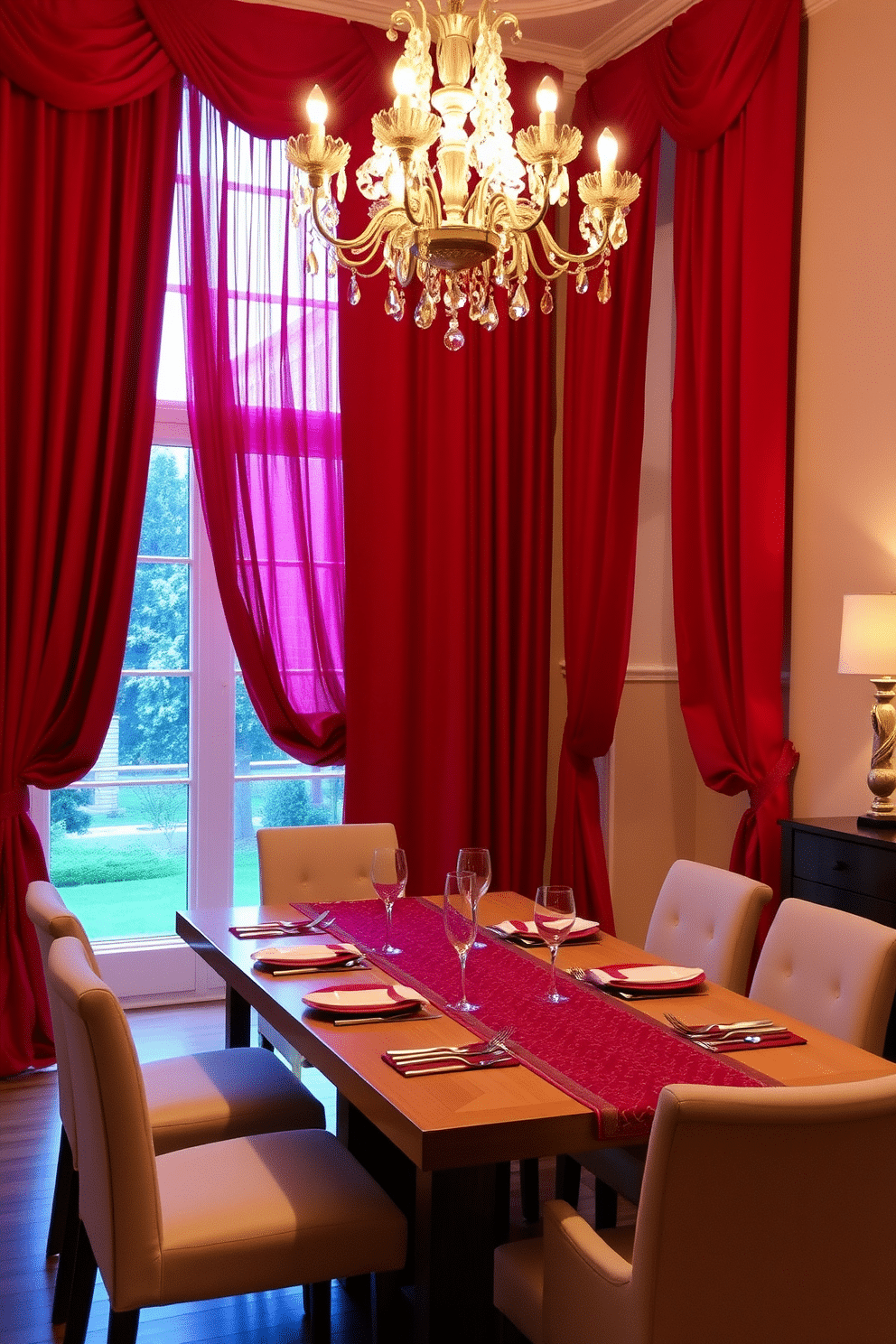 A vibrant dining room featuring rich red curtains that cascade elegantly to the floor, framing a large window that lets in natural light. The light-colored furniture, including a sleek wooden dining table and upholstered chairs, contrasts beautifully with the bold drapery, creating a warm and inviting atmosphere. The table is set for an intimate dinner, adorned with a stylish table runner and elegant dinnerware. A statement chandelier hangs overhead, casting a soft glow that enhances the room's cozy yet sophisticated vibe.