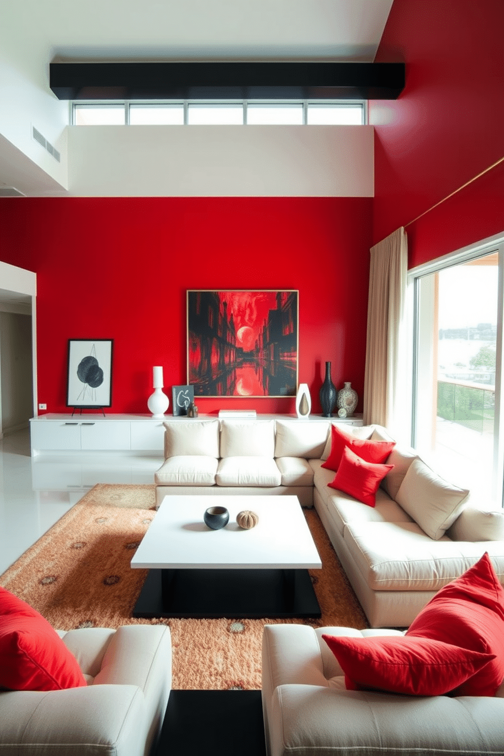 A striking family room featuring a bold red accent wall that serves as the focal point of the space. The room is furnished with a plush sectional sofa in neutral tones, complemented by vibrant red and orange throw pillows for added warmth. Large windows allow natural light to flood the room, enhancing the rich color palette. A sleek coffee table sits in the center, surrounded by contemporary art pieces that echo the red tones throughout the design.