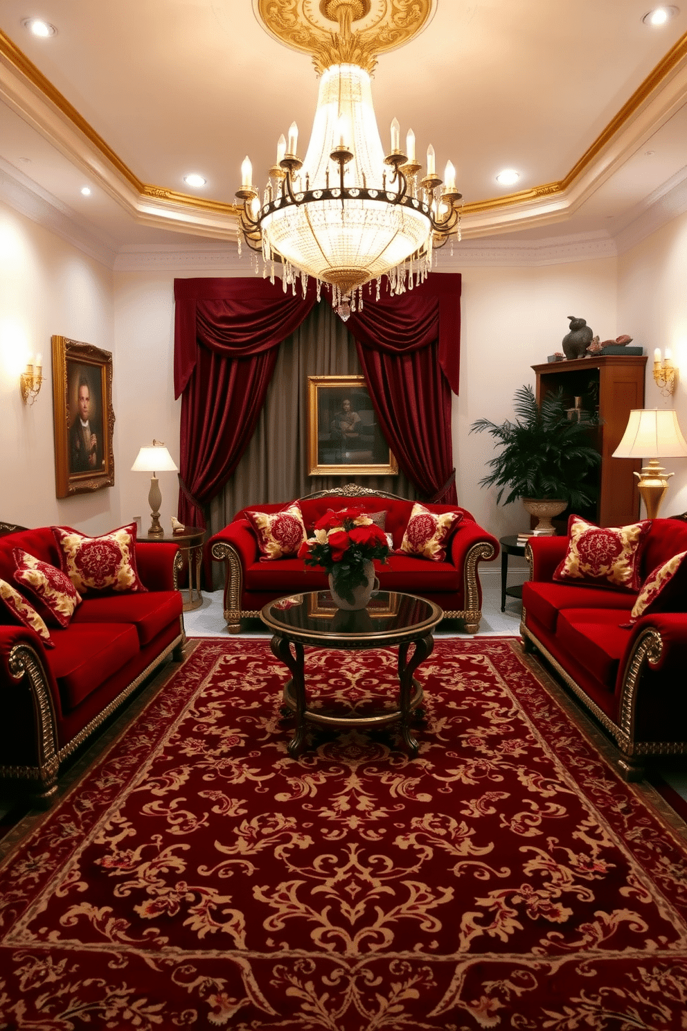 A luxurious family room adorned with rich red and gold accessories. Plush red sofas are complemented by gold accent pillows, while a stunning golden chandelier hangs from the ceiling, casting a warm glow over the space. The walls are painted in a soft cream tone to enhance the richness of the red decor. A large, ornate area rug with intricate patterns in red and gold anchors the seating area, creating a cozy and inviting atmosphere.